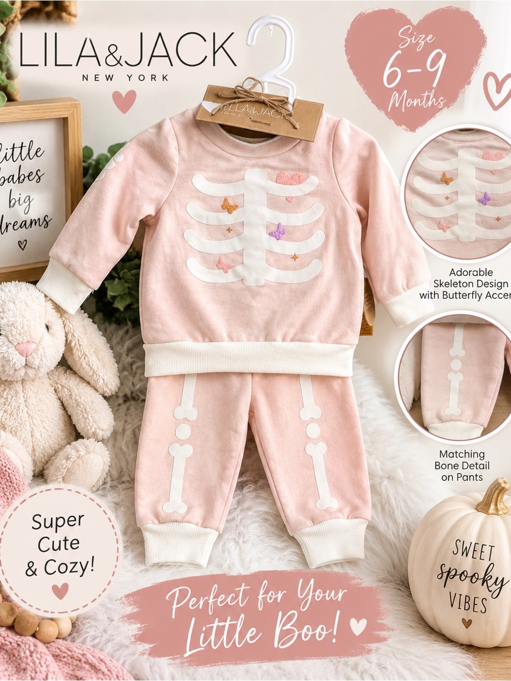 Lila & Jack Baby Pink Skeleton Butterfly Pajama Set - 6-9 Months